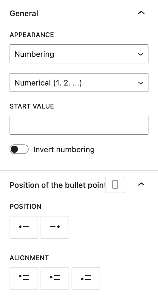 Screenshot of the List (Greyd) settings tab with Numerical selected, explained in the following paragraphs.