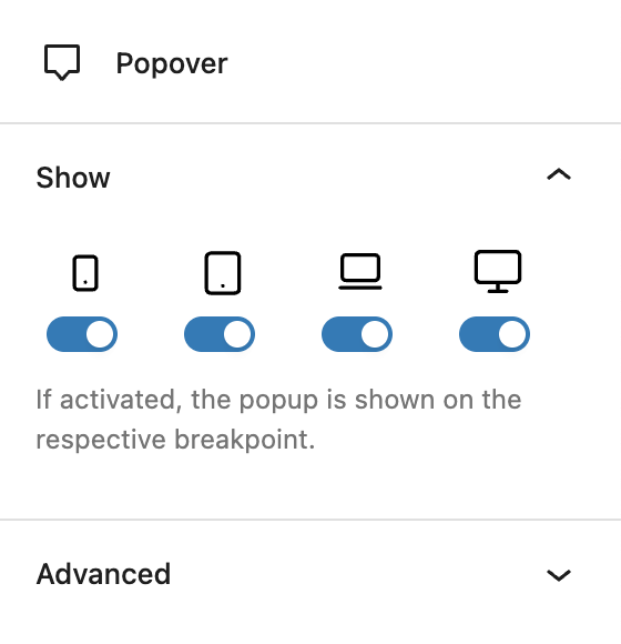 Screenshot of the popover settings, explained in the following paragraphs.