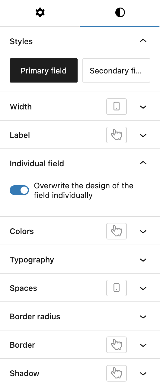 Screenshot of the Styling options for child blocks, explained in the following paragraphs.