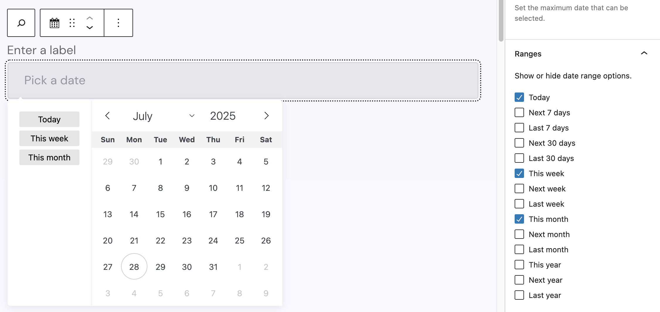 Screenshot of the Datepicker ranges in the datepicker itself and the settings sidebar, explained in the paragraph below.