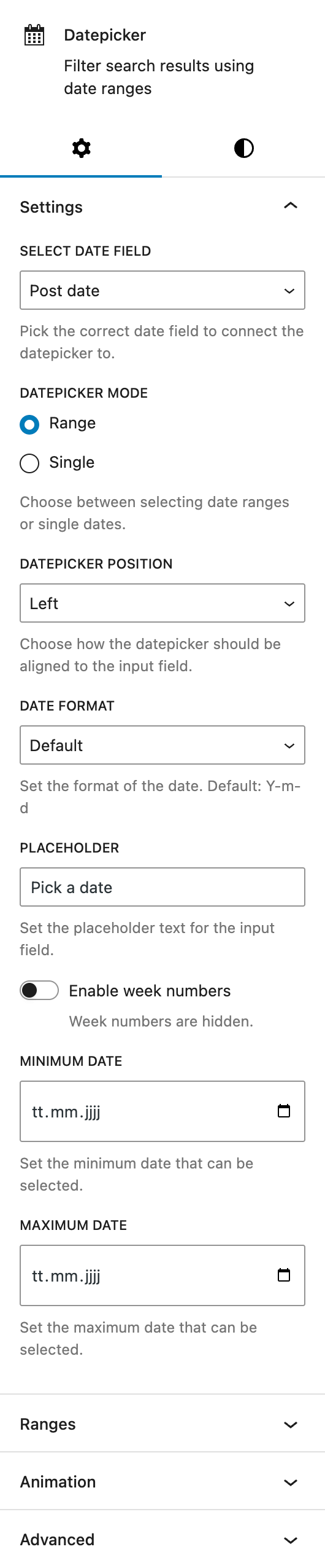 Screenshot of the Datepicker child block settings tab, explained in the following paragraphs.