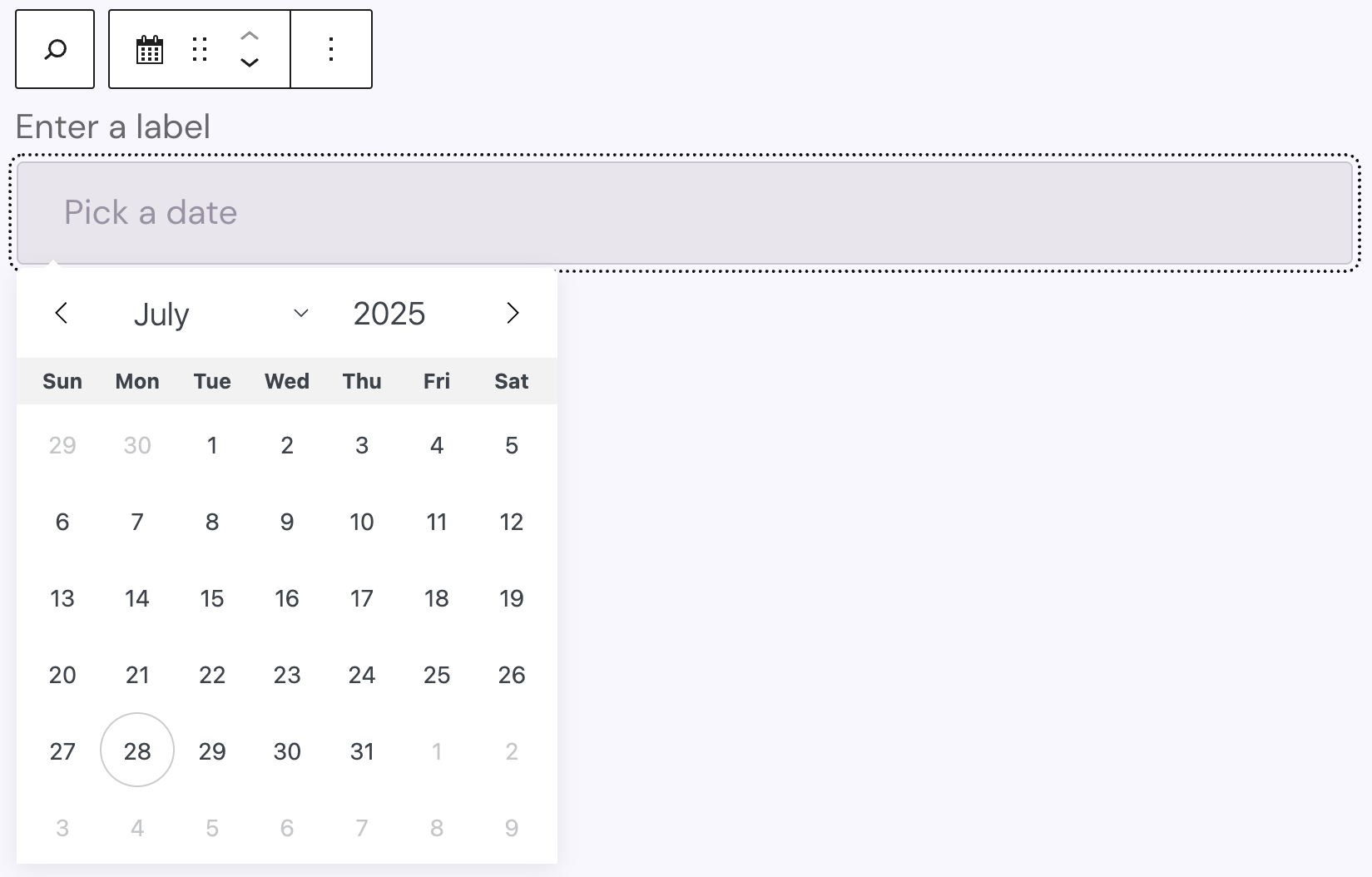 Screenshot of the Datepicker child block after insertion, explained in the following paragraph.