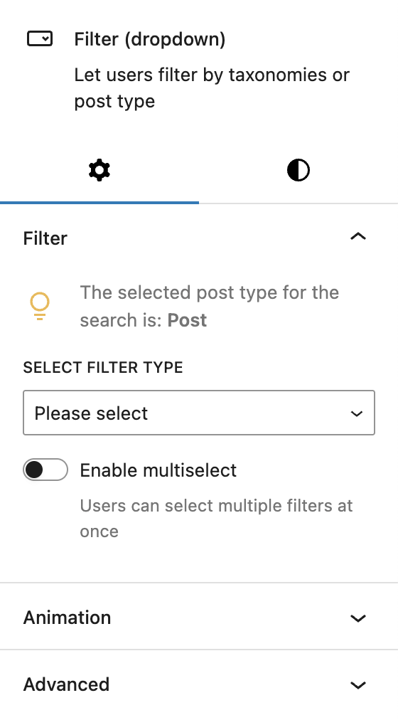 Screenshot of the Filter (Dropdown) child block settings tab, explained in the following paragraphs.