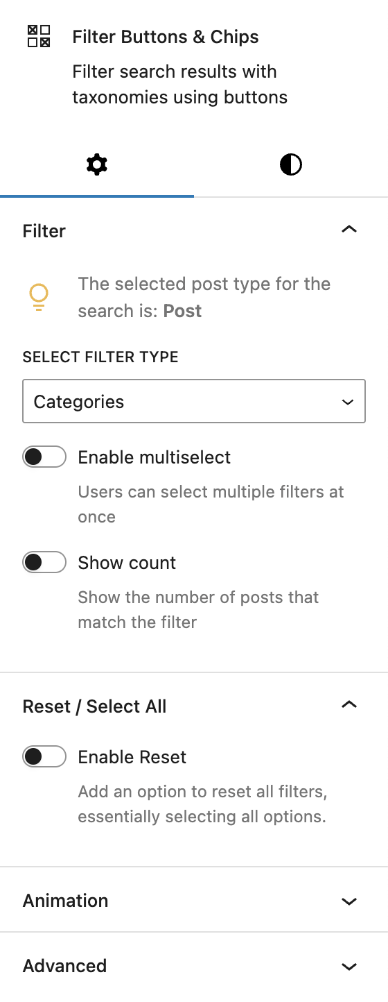 Screenshot of the Filter Buttons & Chips child block settings tab, explained in the following paragraphs.