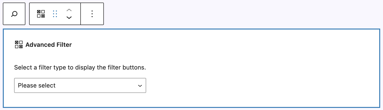 Screenshot of the Filter Buttons & Chips child block after insertion, explained in the following paragraph.