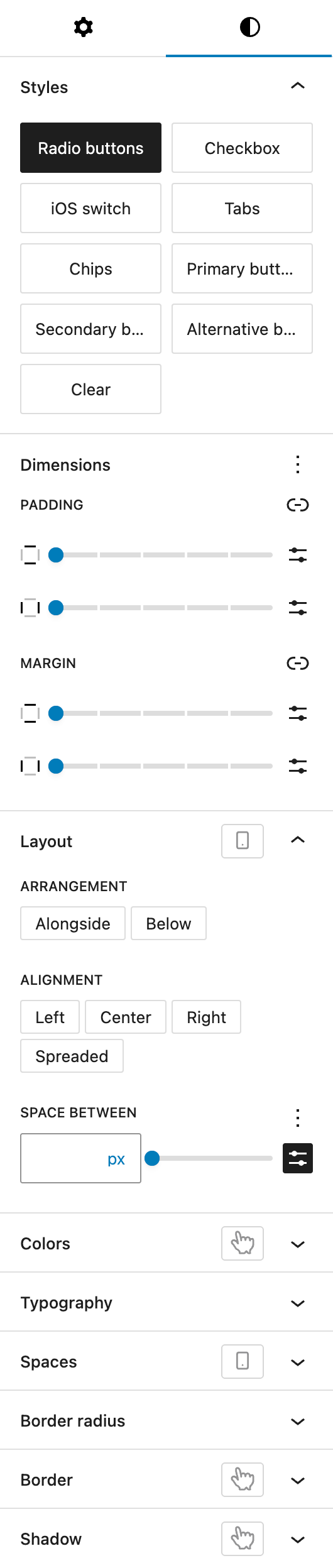 Screenshot of the Filter Buttons & Chips child block styles tab, explained in the following paragraphs.