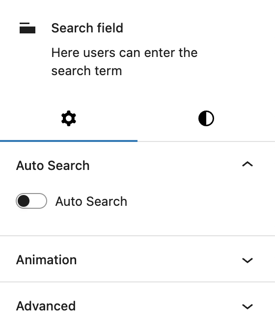 Screenshot of the Search field child block settings tab, explained in the following paragraphs.
