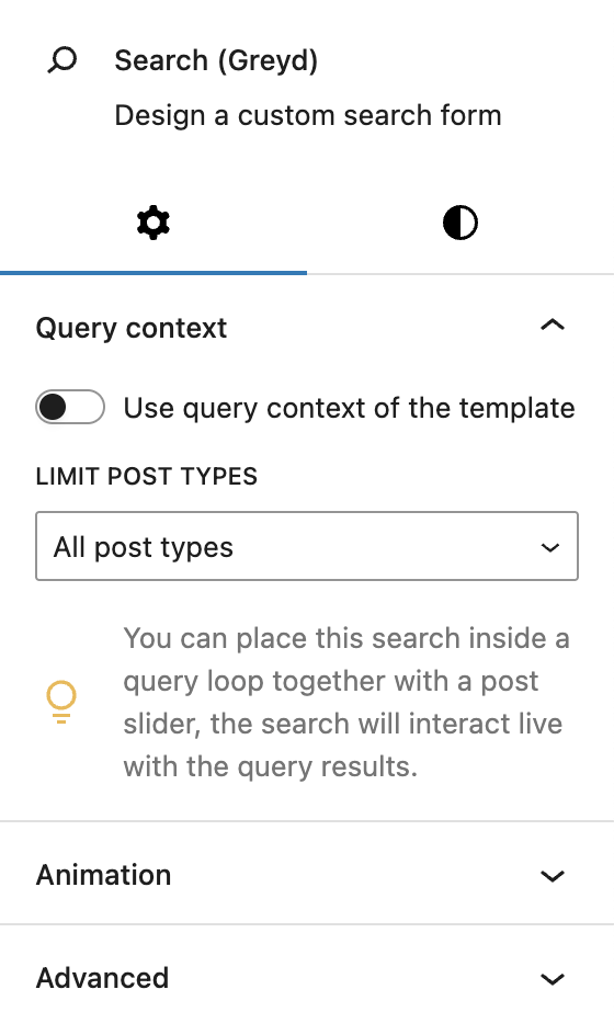 Screenshot of the Settings tab of Search (Greyd) Block, explained in the following paragraphs.