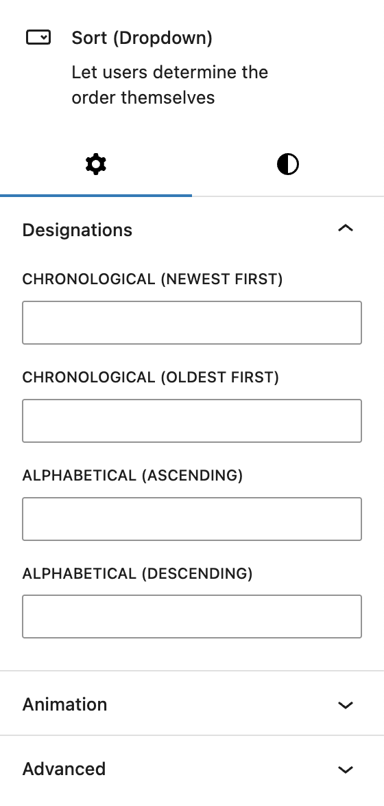 Screenshot of the Sort (Dropdown) child block settings tab, explained in the following paragraphs.