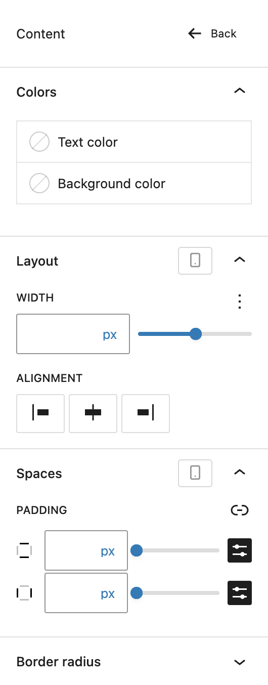 Screenshot of the Content section of the Styles settings sidebar, explained in the following paragraphs.