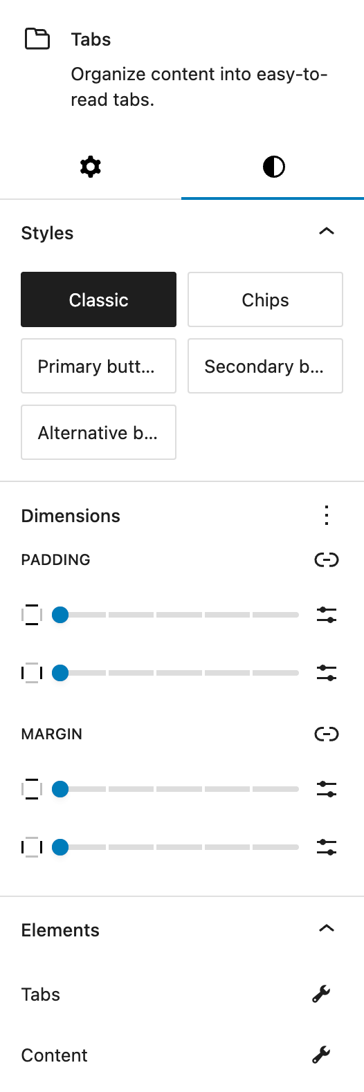Screenshot of the Styles settings sidebar, explained in the following paragraphs.