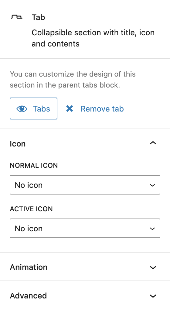 Screenshot of the Tab child block settings sidebar, explained in the following paragraphs.