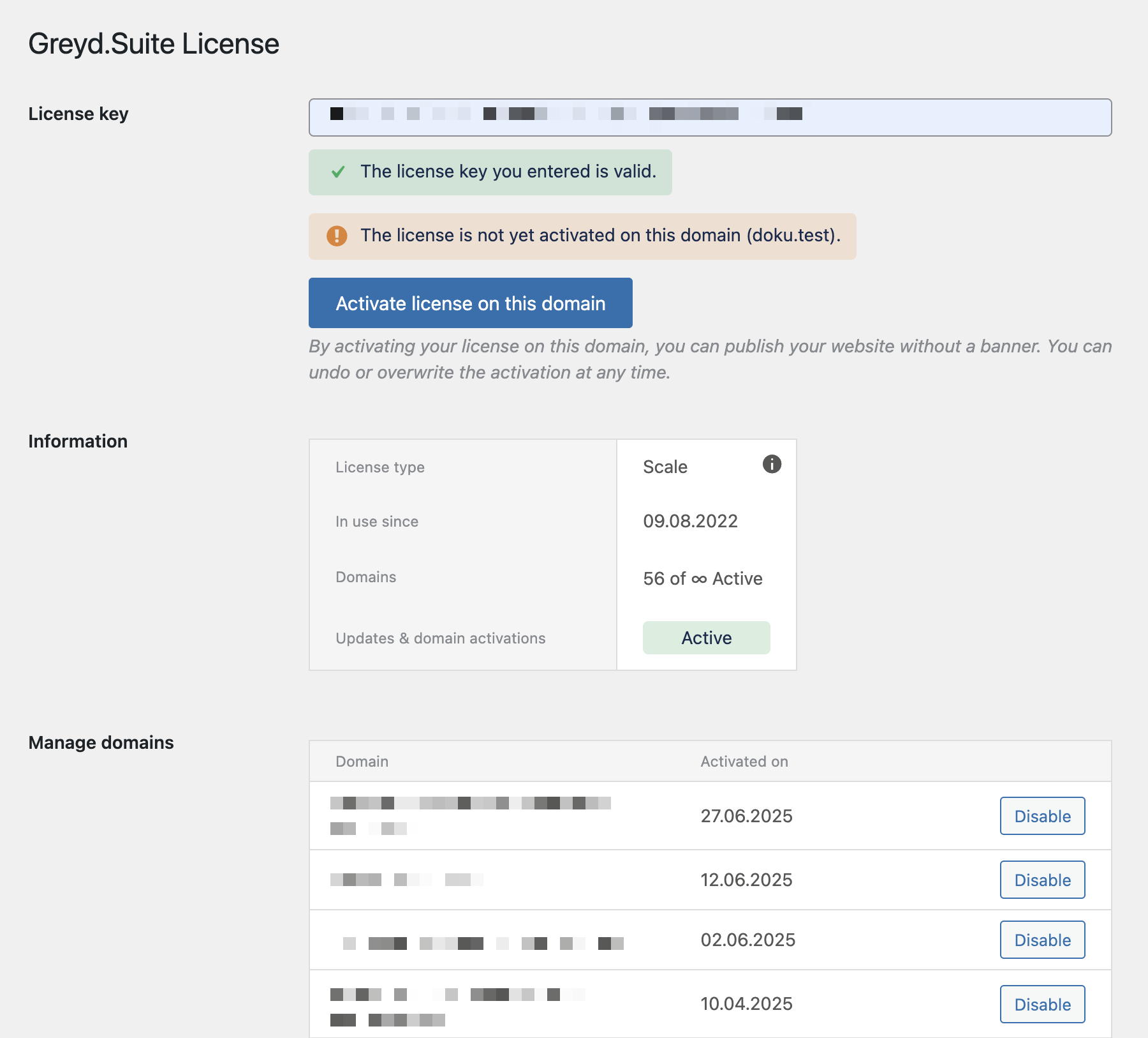 Screesnhot of the license page when a license has been added, explained in the following paragraphs.