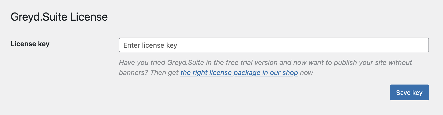 Screenshot of the license page with no active license, showing the license key input field, explained in the following paragraphs.