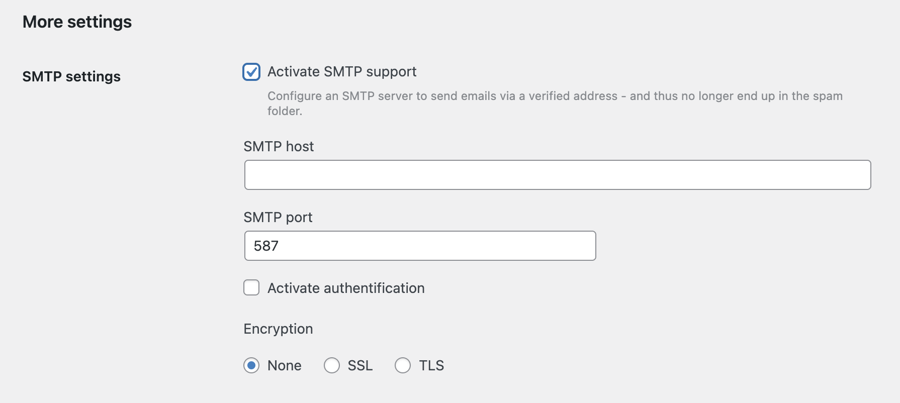 Screenshot of the SMTP settings section as described in the paragraphs before and after.