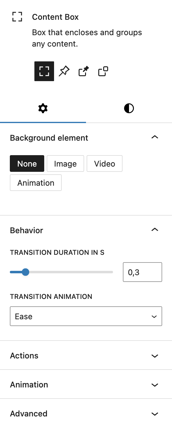 Screenshot of the Content Box settings, explained in the following paragraphs.