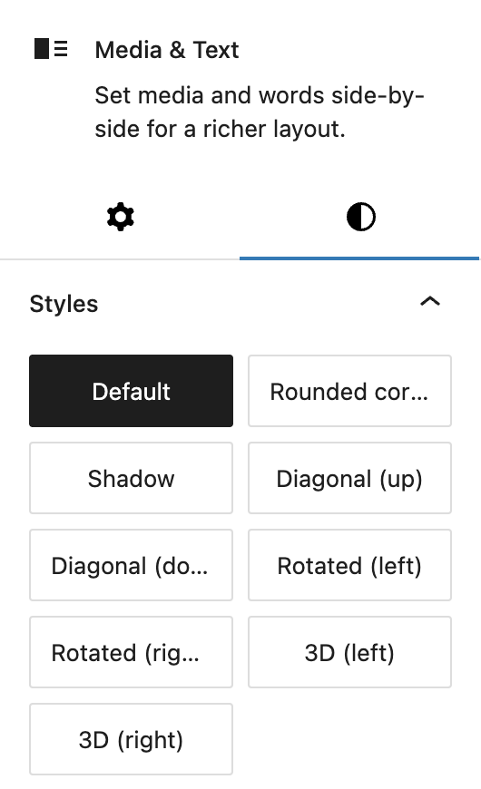 Screenshot of the Media & Text Blcok styles in styles tab, explained in the following paragraph.