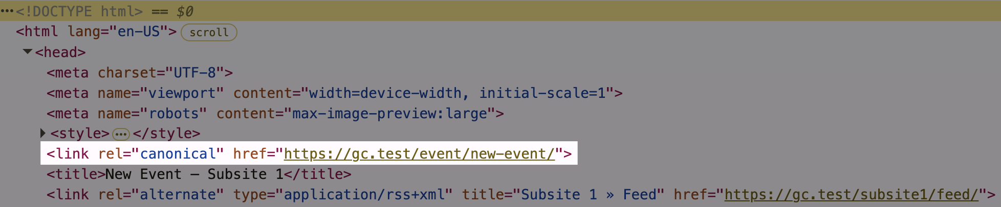 Screenshot of the source code of a post, that has the canonical URL set in the header, as explained in the paragraphs above and below.