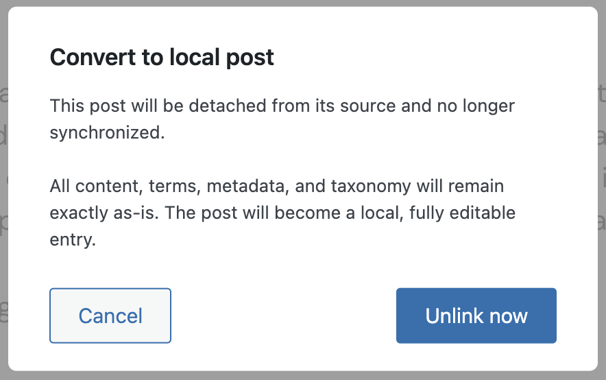 Screenshot of the confirmation modal to convert a post into a local post, as explained in the paragraphs before and after.