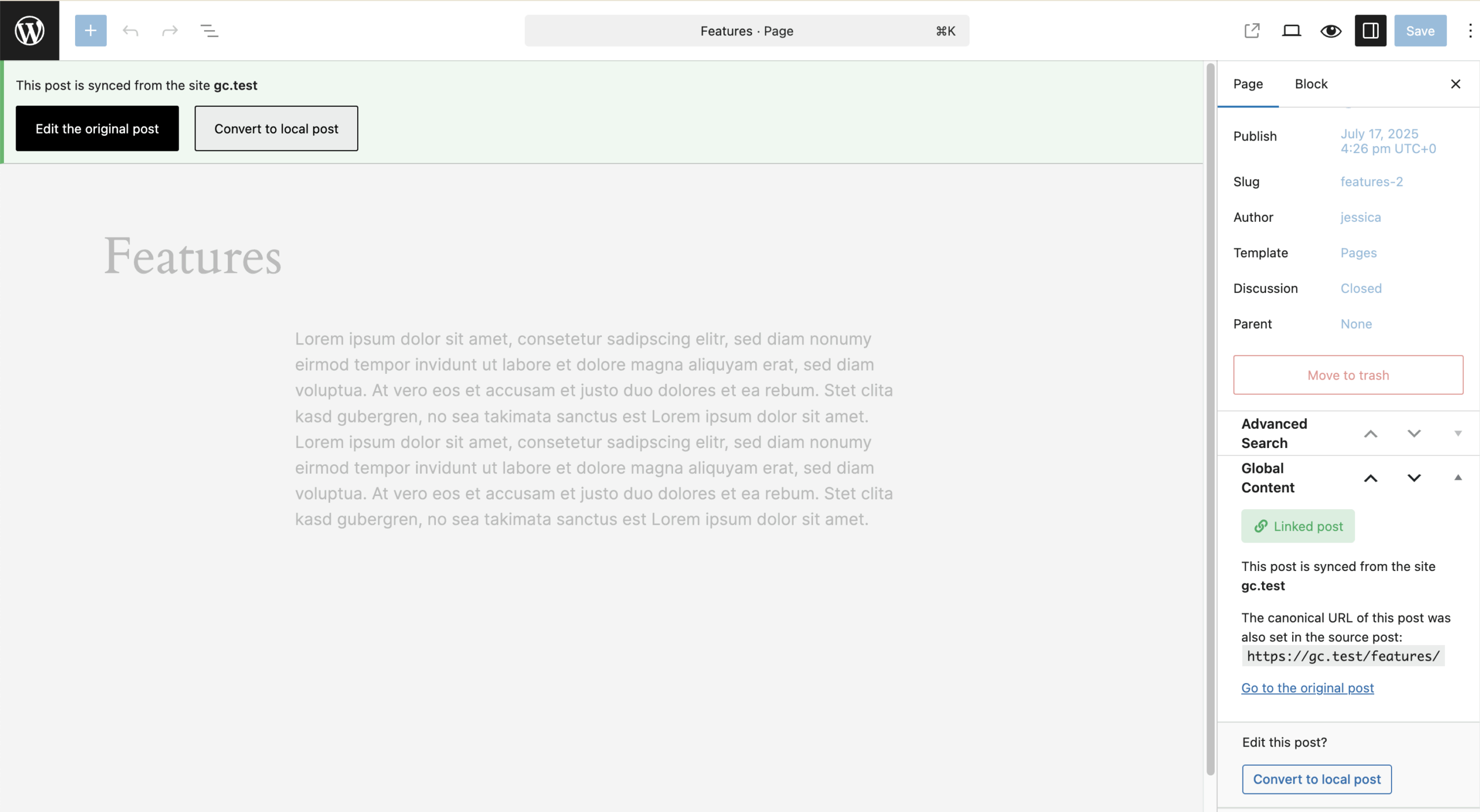 Screenshot of the locked editing interface of a linked post, as explained in the paragraphs before and after.