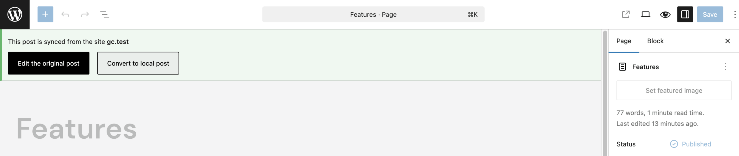 Screenshot of a linked post in editing mode, with the green banner on top, as explained in the paragraphs before and after.