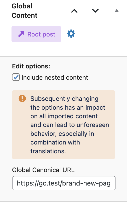 Screenshot of the Global Content sidebar panel of a root post after the gear icon has been clicked, as explained in the paragraphs before and after.