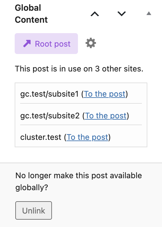 Screenshot of the Global Content sidebar panel of a root post, as explained in the paragraphs before and after.