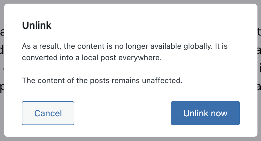 Screenshot of the confirmation modal to unlink the root post and make it local again, as explained in the paragraphs before and after.