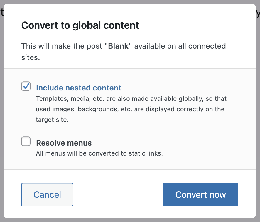 Screenshot of the confirmation modal to convert the post into global content, as explained in the paragraphs before and after.