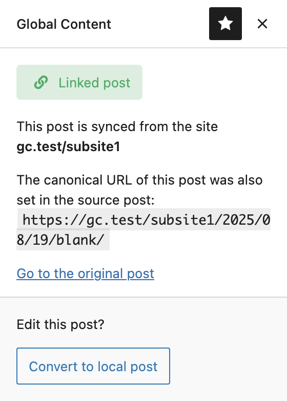 Screenshot of the Global Content sidebar panel if the post is a linked post, as explained in the paragraphs before and after.