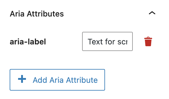 Screenshot of an Aria Label added to the block, as explained in the paragraph above and below.