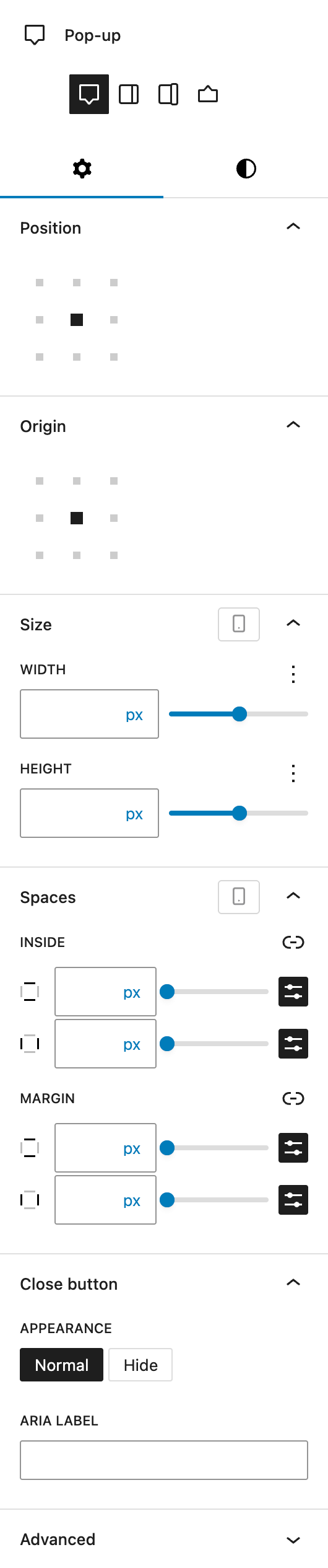 Screenshot of the pop-up settings tab, explained in the following paragraphs.