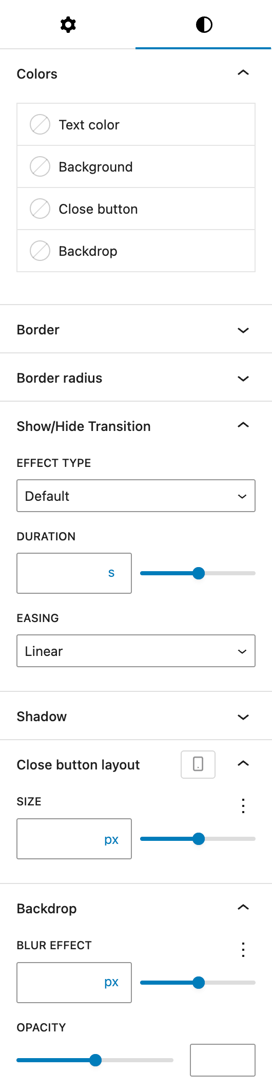 Screenshot of the pop-up styles tab, explained in the following paragraphs.