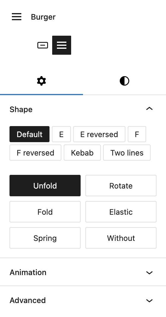Screenshot of the settings tab of the burger variation, explained in the following paragraphs.