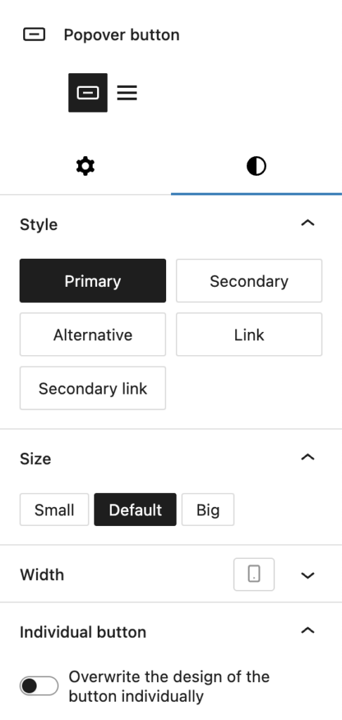 Screenshot of the styles tab of the popover button variation, explained in the following paragraphs.