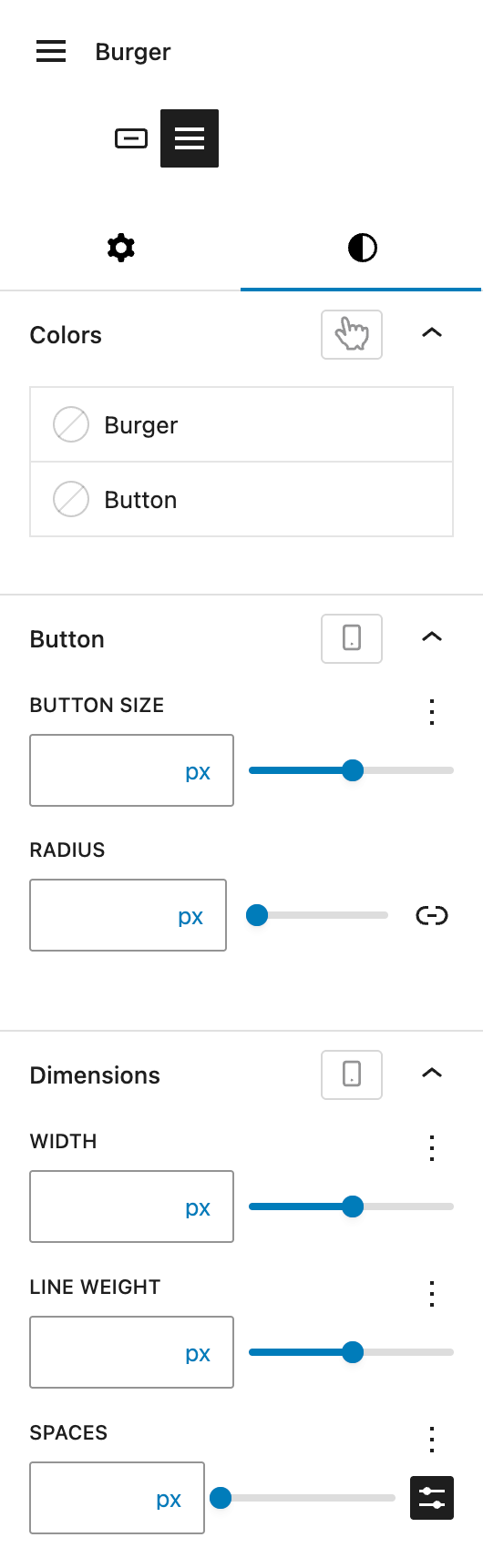 Screenshot of the styles tab of the burger variation, explained in the following paragraphs.