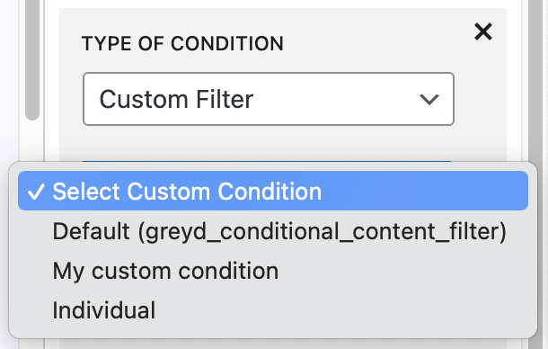 Screenshot of the custom condition dropdown with a new filter "My custom condition" added.