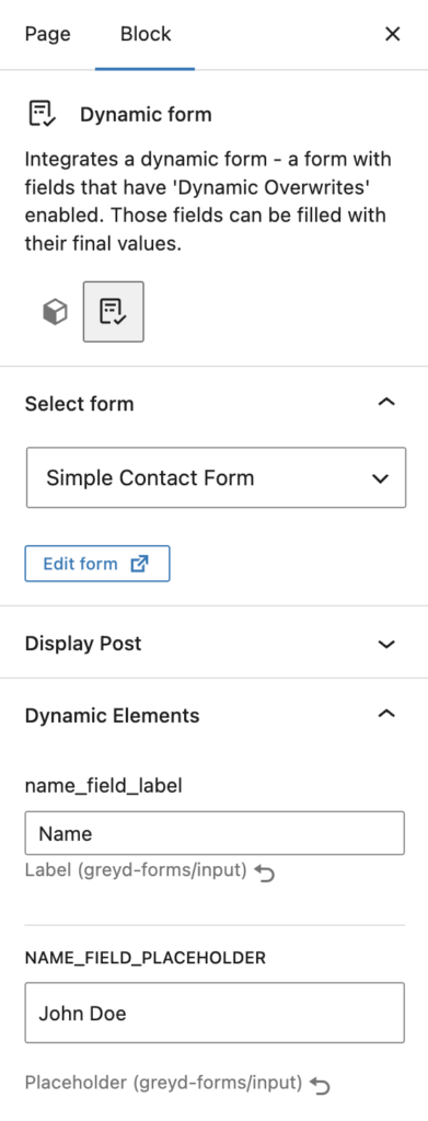 Screenshot of a Dynamic form where Dynamic Elements have been enabled and show input fields in the settings sidebar.