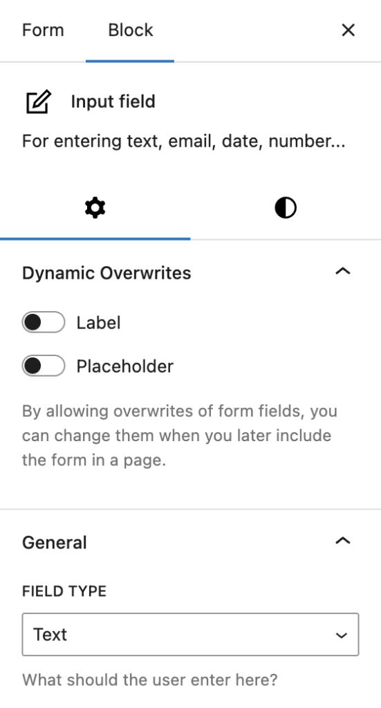 Screenshot of the input field block settings sidebar, with the section Dynamic Overwrites opened, showing two toggles for Label and Placeholder and a help text below them.