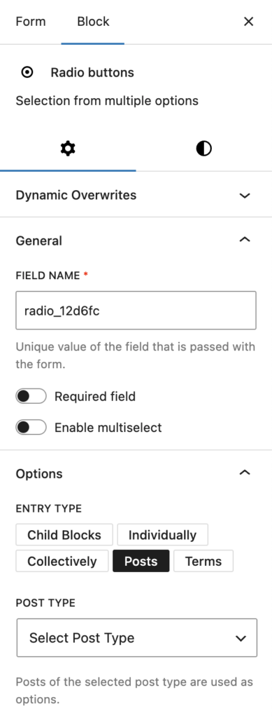 Screenshot of the Radio buttons block showing block settings, with the Options section opened and "Posts" selected as Entry Type. Below, a dropdown for selecting a post type appears.