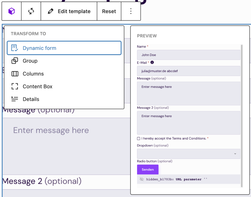Screenshot of a Template block showing the option to convert the block into a Dynamic form.