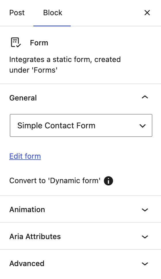 Screenshot of the Form block settings when a form is already selected.