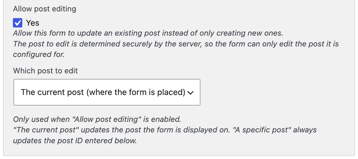 Screenshot of the Allow post editing checkbox activated and showing the which post to edit dropdown.