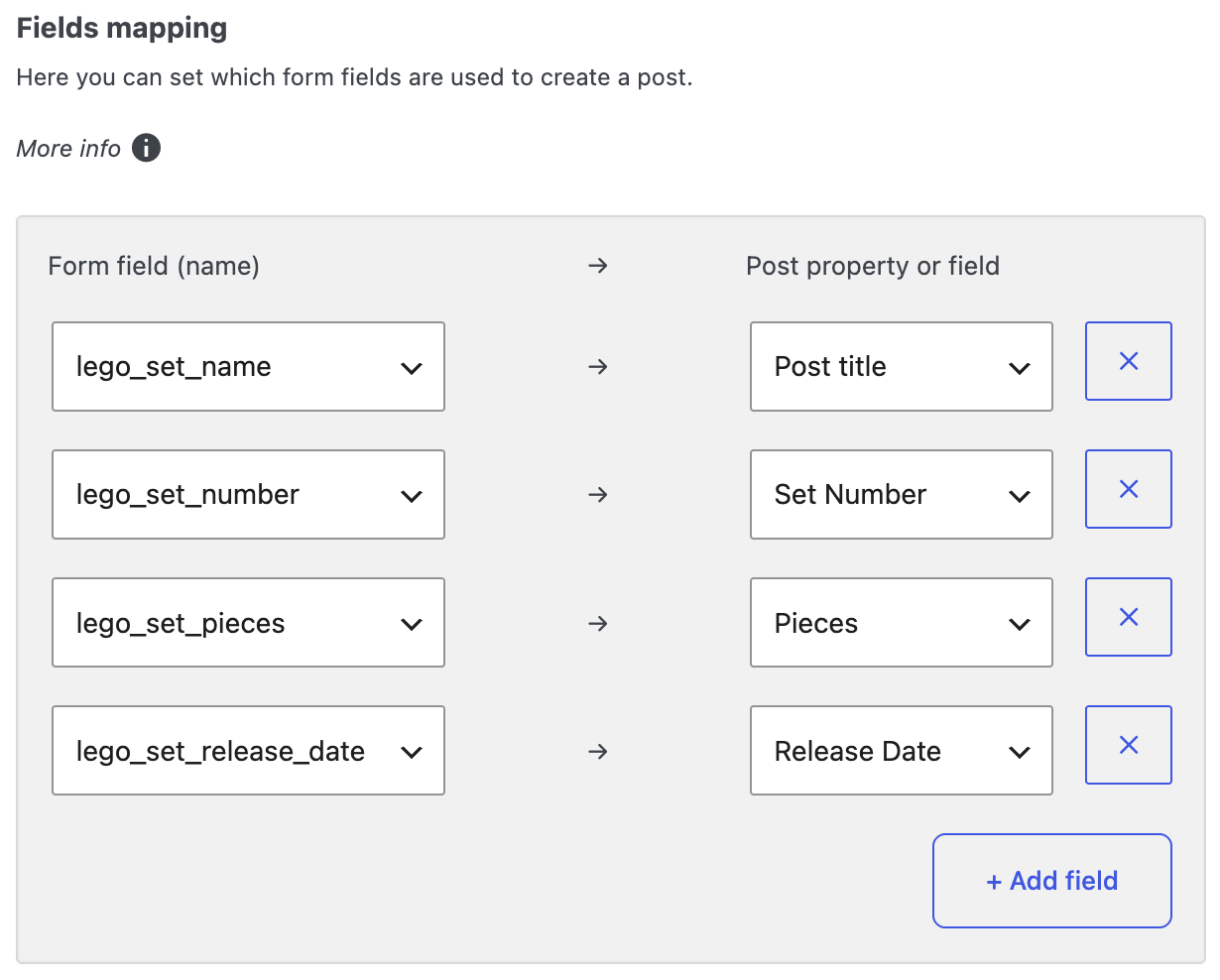 Screenshot of the Fields mapping section, where each form field is assigned to a specific post property or post meta field.
