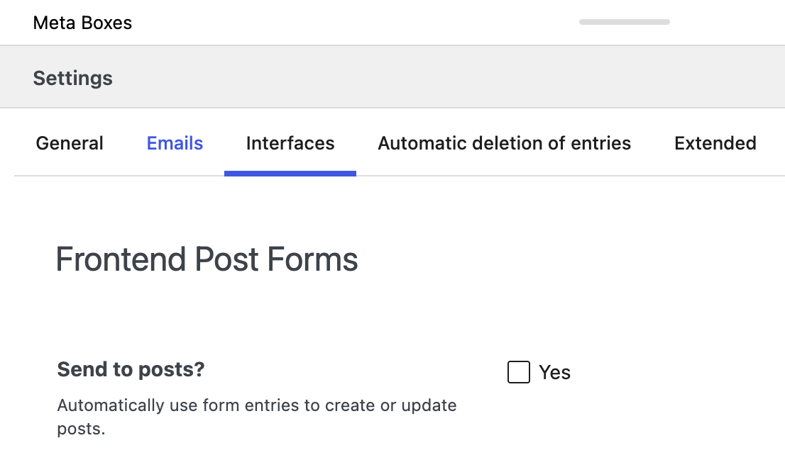 Screenshot of the Interfaces section in a Greyd Form editing screen. It shows a setting "Send to posts" with a Yes checkbox next to it to enable this feature.