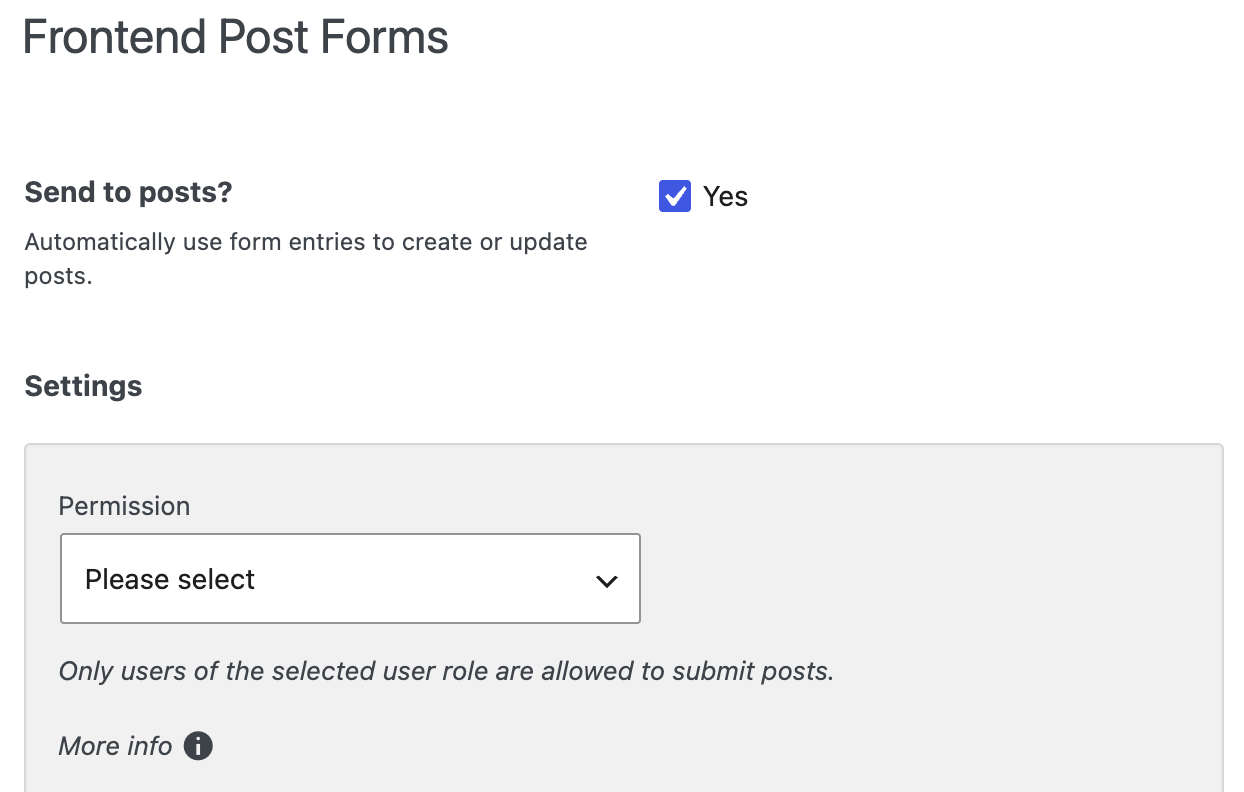 Screenshot of the "Send to posts?" setting activated, with the Permissions dropdown to select one of the existing user roles.