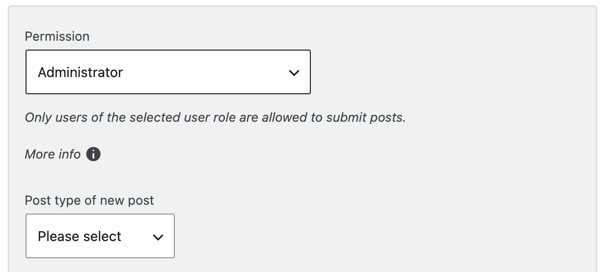 Screenshot of a selected permission and the Post type of new post dropdown, explained in the paragraphs below.
