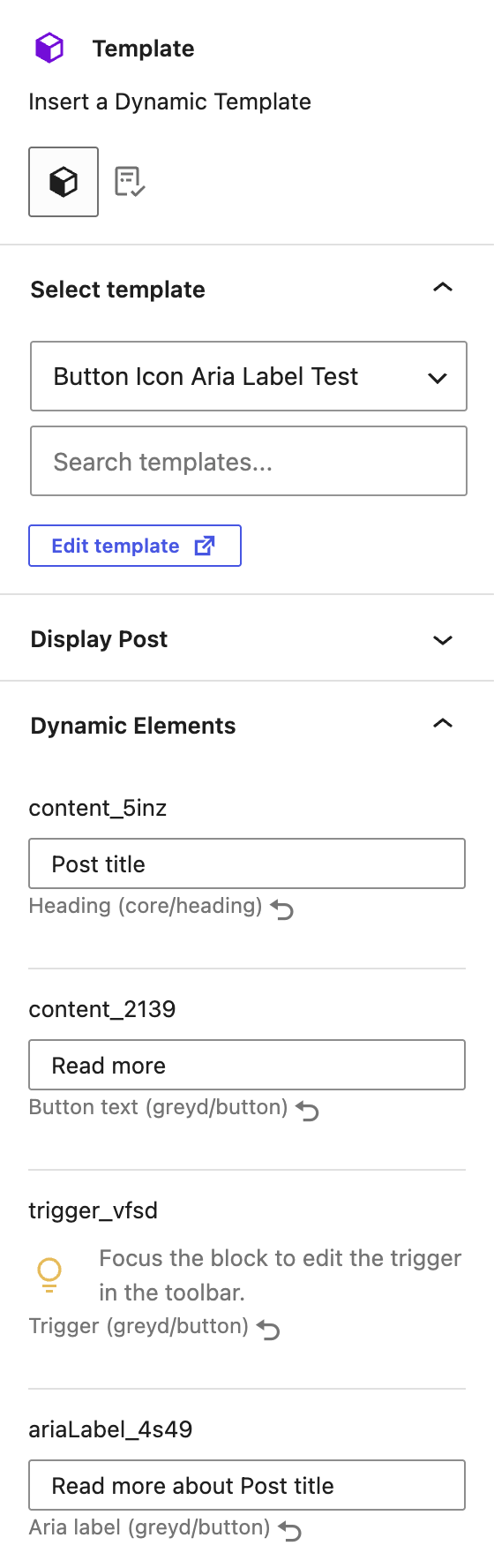 Screenshot of the dynamic template block sidebar, with the dynamic elements from the previous screenshot as editable inputs. At the bottom the aria label input is shown with the text "Read more about Post title", where Post title refers to the dynamic tag.